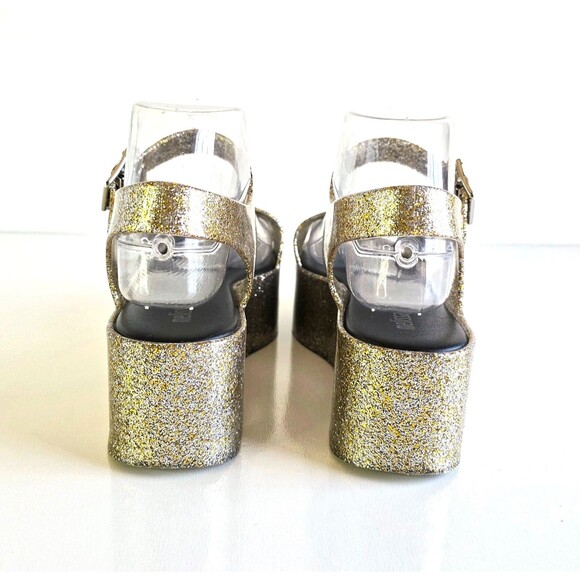 MELISSA Women's Mar Platform Sandals Gold Glitter 7 38 Slingback Jelly Sparkly - Picture 10 of 11